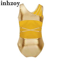 Dancewear Kids Girls Shiny Metallic Gymnastics salto senza maniche Ballerna Dance Leotard Ballerina Dance Performance Costumel240502