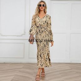 Ethnic Clothing Falbala V Neck Boho Floral Printed Dress Slim 2024 Summer Autumn Sexy Cut Out Ruffles Dresses Women Party Office Midi