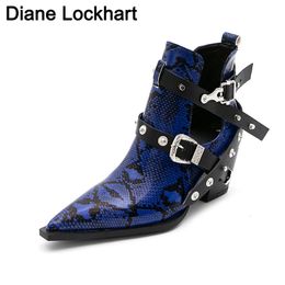 Motorcycle Western Cowboy Boots Women Snake PU Leather Short Cossacks High Heels Pointed Cowgirl Booties Buckle Womens Shoes 240515
