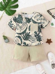 Clothing Sets 2PCS childrens and boys clothing set short sleeved leaf print pocket style T-shirt+shorts summer casual set suitable for children aged 4-7 WX