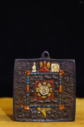 Decorative Figurines 3"Tibetan Temple Collection Old Bronze Cinnabar Painted Cross Vajra Jiugong Gossip Card Amulet Pendant Town House