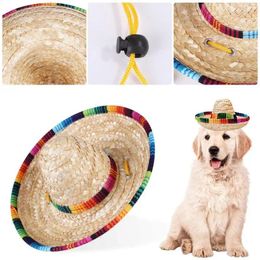 Dog Apparel Pet Woven Straw Hat Western Style Mexican Spring And Summer Sunshade Adjustable Caps Cat Accessories