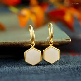 Dangle Earrings Original S925 Sterling Silver Real Hexagonal Non-Allergic Hetian Jade White Gold Plated High-End Female Ear