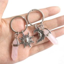 Keychains Lanyards Cute Girls Natural Opal Stone Keychain Women Hexagonal Column Key Chains With Sun Moon Jewelry Couple Friends Gift Y240510