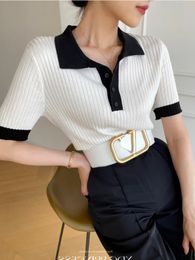 Womens Tshirt Ice Silk Knitting Slim Fit POLO Collar Tshirts for Women Summer 2024 Solid Fashion Elegant Crop Tops 240429