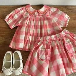 Clothing Sets Girls 2024 Summer Pink Doll Shirt Half Skirt Girl Baby Cute Gentle Sweet Design Sense Chequered Top