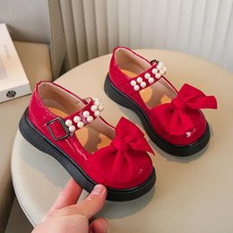 New 2024 Girls Pearls Bow Round-toe Glossy Kids Princess Leather Drop Shipping Non-slip Children Shoes L2405 L2405