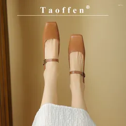Dress Shoes Taoffen Casual Women's Pumps Genuine Leather Buckle Square Toe Mary Janes Mixed Colours Comfortable Thick Heel Office