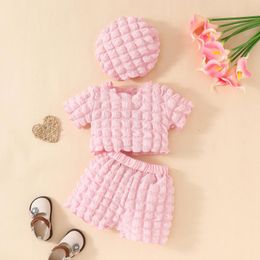 Clothing Sets Summer Born Baby Girl 3Pcs Lovely Outfit Princess Toddler Short Sleeve Bubble Tops Shorts Hat Clothes Set 0-24 Months