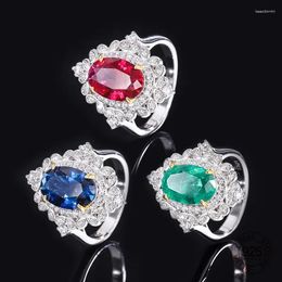 Cluster Rings 8x12mm Oval Shape Blue Sapphire Red Ruby Cubic Zircon Imitation Green Emerald Gemstone 925 Sterling Silver Ring