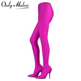 Onlymaker Women Rose Red Stretch Stiletto Pant Boot In Fuchsia Over The Knee Elastic Slim Pantyhose Sexy Stocking Boots 240515