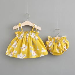 3Pcs Toddler Summer Outfits Floral Strappy Tank Tops Elastic Waist Pantie Hairband for Baby Girls 018 Months 240430