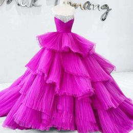 Party Dresses Stunning Fuchisa Lush Tiered Tulle Ball Gowns Colored Bridal Strapless Shiny Sequins Beaded Long Prom