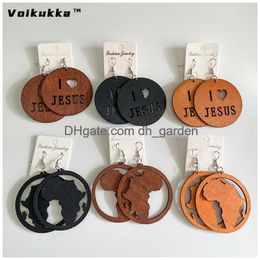 Dangle Chandelier Voikukka Jewelry Round Drop Pendants Laser Cutting Hollow Out I Love Jesus African Map Natural Wooden Ethnic Women E Othbz