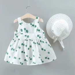 Girl's Dresses 0-3-Year-Old Baby GirlS Dress With Summer Bow Decoration Cherry Print Sleeveless Strap Dress With Sun Hat