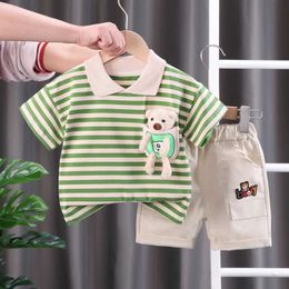 Clothing Sets Fashionable summer childrens baby boy striped set short sleeved T-shirt and doll+shorts casual clothing girl clothing 2PCS/set WX