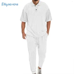 Men's Tracksuits Casual Pants Set Lapel Short Sleeve Tops Fitting Skinny Two-Piece Comfy Loose Solid Colour Jacquard Knitted