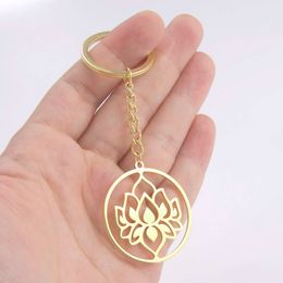 Yoga Lotus Flower Keychain For Women Gold Color Stainless Steel Hexagon Key Ring Boho Jewelry Llaveros Gift Wholesale