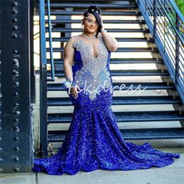 Plus Size Royal Blue Prom Dresses For Black Girls Luxury Diamond Crystal Sequin Evening Dress Sparkly Mermaid Birthday Dress 2024 Glitter Sweep Train Vestios Fiesta