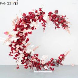 Decorative Flowers Red Floral Arrangement Add Moon Shape Arch Stand Wedding Backdrop Flower Row With Frame Shelf Event Party Banquet Stage