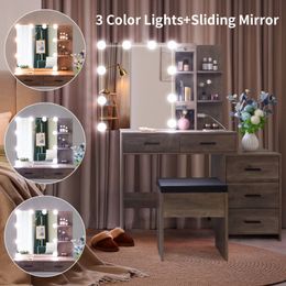 ZK20 Particleboard Triamine Veneer 5 Pumps 2 Shelves Mirror Cabinet Three Dimming Light Bulb Dressing Table Set Grey