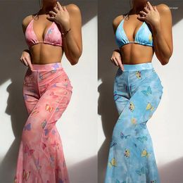 Women's Swimwear Print 3 Pieces Bikini Set Women Butterfly With Tops Panties See-Through Mesh Trousers Swimsuits 2024 Summer Beachwear