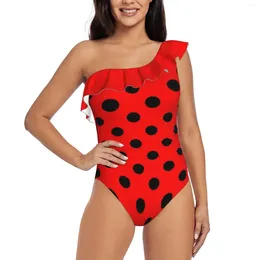 Women's Swimwear Red And Black Polka Dots | Pattern Halloween Outfit One Shoulder Ruffle Swimsuit Piece Print Women Bathing Suit