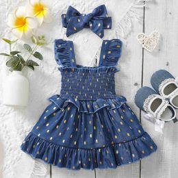 Girl's Dresses 3-24 months old baby girl gold dot smooth blue dress for toddler girls summer fashion party princess dress headband 2PCS set WX