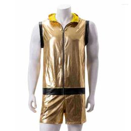 Men's Tracksuits Personalised Sets Gold Shiny Tight Leather Tank Tops Boxer Briefs Shorts Streetwear Clubwear Set Suit With Hat Summer 2024