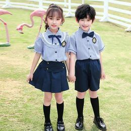 Girls Short-Sleeved Jk Uniform Skirt Set Student Attire Summer Short-Sleeved Shirt Solid Pleated Skirt Boy Shirt Short Pant 240516