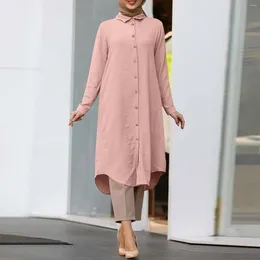 Ethnic Clothing Muslim Solid Mid-Length Shirt Dress For Women Dubai Abaya Fashion Single-Breasted Long Top Turkey Arab Islam Tops