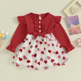 Girl's Dresses Valentines Day Infant Toddler Long Sleeve Tutu Dress Infant Baby Girls Round Neck Heart Mesh Print 3D Bow Frill Princess Dress