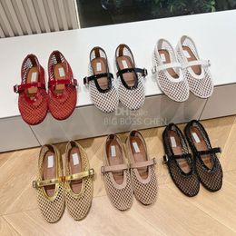 Top-Qualitäts-Netzballett flach mit einem Gurtrund-Toe Mary Jane Schuhe Slebende flache Kleiderschuhe Frauen Luxus Designer Schuhe Büroschuhe mit Kasten