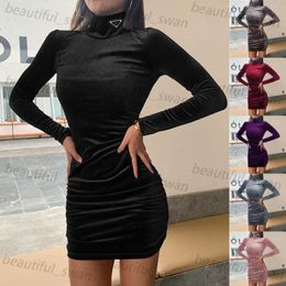 Designer Brand Women's High Neck Velvet Dress 2023 Autumn and Winter New Long Sleeve Slim Dress Casual Dresses Sexy Fashion Hip Dress Plus Size Skirt Size S-3XL