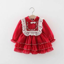 Girl's Dresses Girls Autumn Long sleeved Lace Princess Dress with Embroidered Pan Button Chinese Style Baby Dress