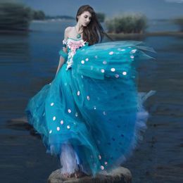Party Dresses Sequins Applique Prom Dress Off-Shoulder Blue A-Line Tulle Layered Long Sparkly Evening For Pooshoot