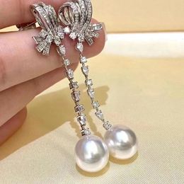 MeiBaPJ 10-11mm Natural White Rice Pearls Fashion Bow Long Chain Drop Earrings 925 Silver Fine Wedding Jewellery for Women 240516