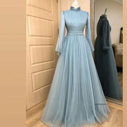 Light Blue Muslim Prom Dresses High Neck Long Sleeve Formal Gowns Beaded Appliqus Collar Ruched Tulle Saudi Arabia Robes 0516