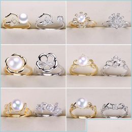 Jewelry Settings Diy Ring Gold Sier Pearl Rings Setting Crown Zircon For Women Fashion Adjustable Size Gift Drop Delivery Oteqx