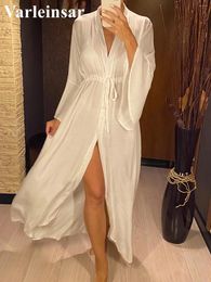 Sexy Beach Long Maxi Dress Women Cover Up Tunic Pareo White V Neck Robe Swimwear Bikini Beachwear V2623SW