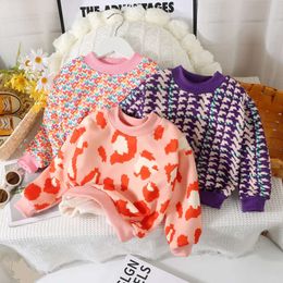 Girls Fleece Sweater Knitted Pullover for Kids Leopard Pattern Children T-shirts Thicken Warm Baby Bottom Toddler Sweatshirts L2405