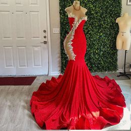 Stunning Red Halter Mermaid Prom Dresses Shiny Cut-Out Graduation Gowns Beaded Sweep Train Black Girls Homecoming Dress 0516