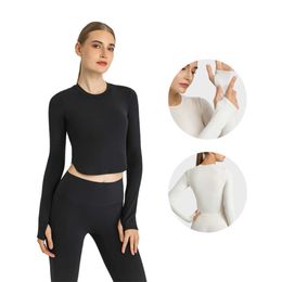 Women Long Sleeve Yoga Sports Crop Tops Padded Slim Fitted Shirts Basic Curved Hem Casual Fashion Seamless Fitness Brief Workout