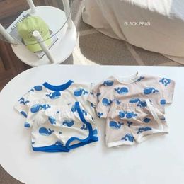 Clothing Sets Full print Dolphin T-shirt+shorts cute cotton fashion crew neckline zipper short sleeved family clothing 2-piece set for boys and girls WX