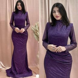 Grape Glitter Muslim Evening Dresses Elegant High Neck Long Sleeves Turkish Kaftan Dress Pleats Waist Special Ocn Formal Dresses For Women 0516