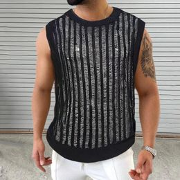 Hip Hop Mens Slim Tank Tops Knitted Crew Neck Sleeveless Casual Camisoles 2024 Summer Sexy Hollow Out See Through Knitting Vest 240507