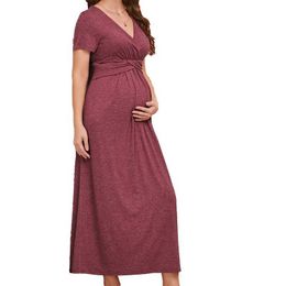 Maternity Dresses Maternity Dress Woman Pregnant Solid V-Neck Short Sleeve Elasticity Long Nursing Dress Womens Pregnancy Maternity Clothes Y240516