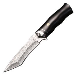 High End Damascus Straight Knife Damascus Steel Tanto Blade Ebony with Steel Head Handle Outdoor Fixed Blade Hunting Knives With Leather Sheath