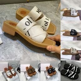 brand Designer Sandals Wooden Slippers Woody Sandale Mules For Womens Ladies Canvas Fabric High Flat Heels Slides Pantoufle Luxury Paris Female Summer Shoes