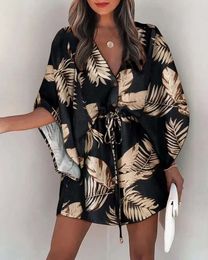 2023 Summer New Women's Casual Bohemia Beach Vacation Miniskirt Printed Bat Sleeve Lace up V-Neck Loose Button Party Dress